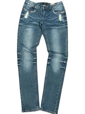 Y2K G 21 Studded Embroidered Low Rise Slim Blue Jeans
